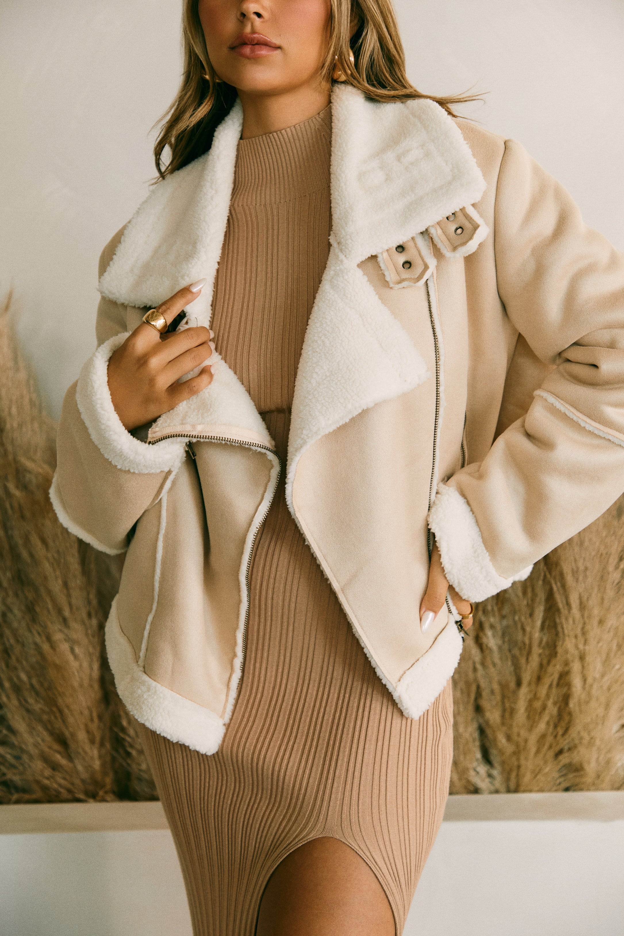 Miss Lola | Cozy City Beige Faux Suede Jacket | MISS LOLA