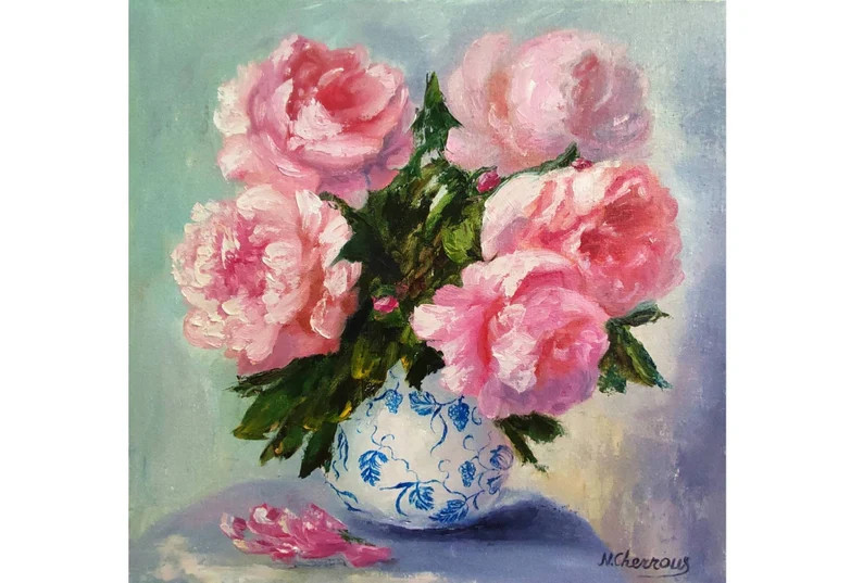 Peony Painting Floral Original Art Pink Flower in Vase Wall Art Oil Artwork 12x12 by Ukrainian Se... | Etsy (US)