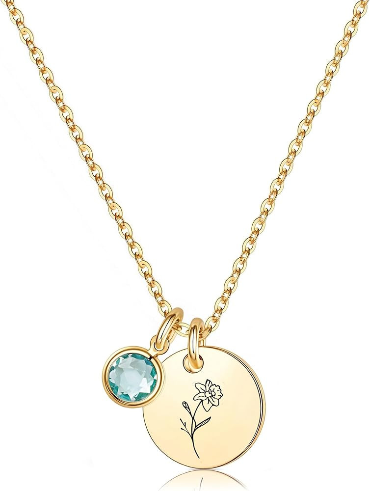 Birth Flower Necklaces for Women, 18K Gold Plated Dainty Birthstone Pendant Necklaces Handmade Bi... | Amazon (US)