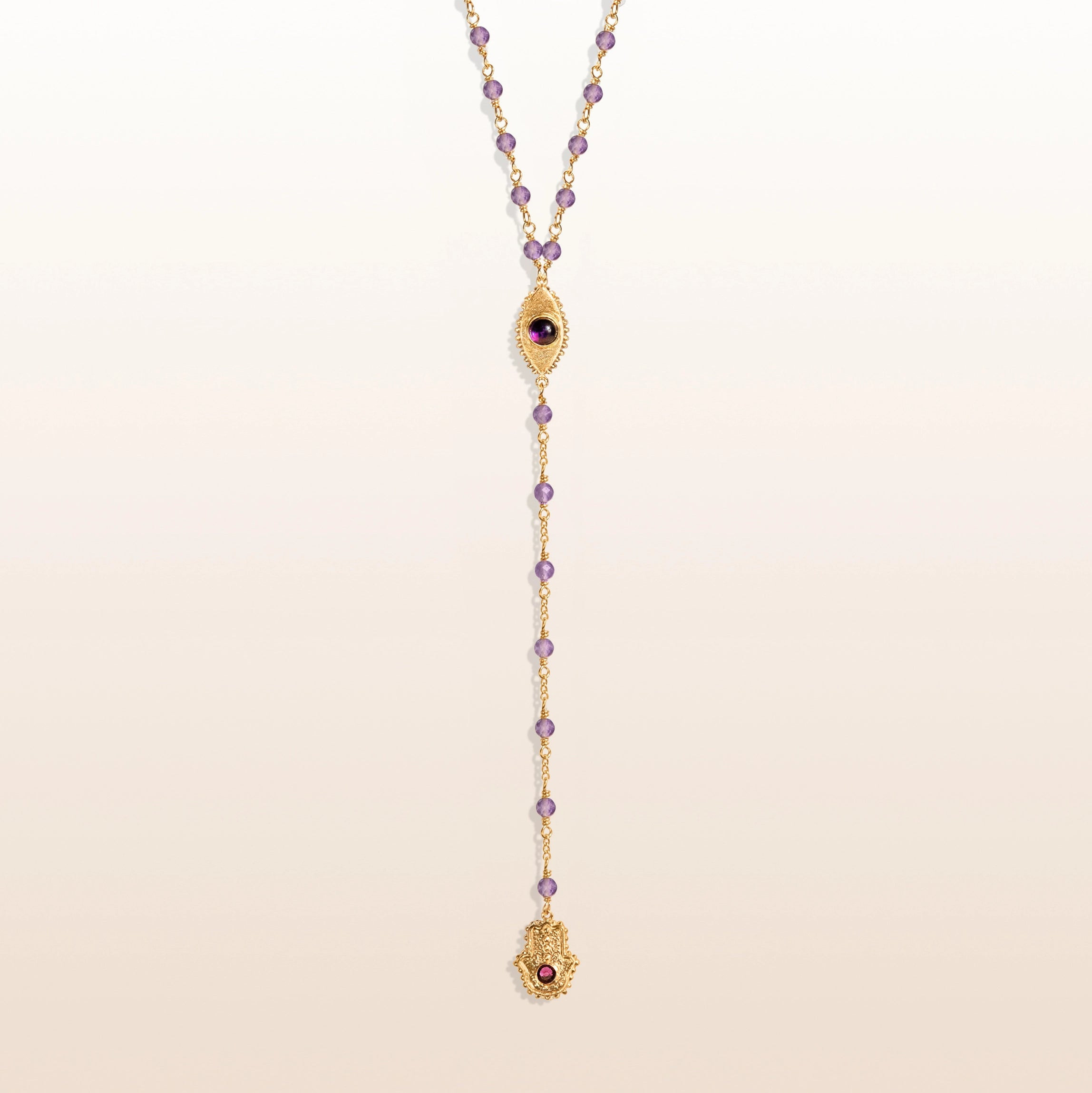 Peace of Spirit - Amethyst Evil Eye Hamsa Lariat Necklace | Karma and Luck