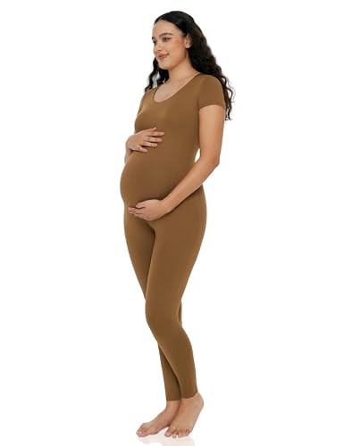 POSHDIVAH Women's Maternity Jumpsuit Romper Leggings Pregnancy Short Sleeve T Shirts Bodycon Bodysuit Shapewear Brown Medium | Amazon (US)