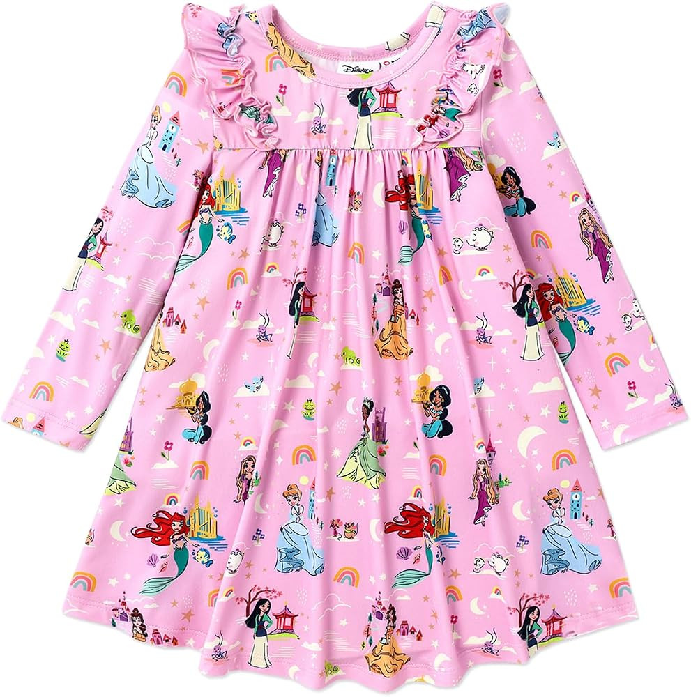 Disney Princess Toddler Girl Dress Aurora Cinderella Moana Ariel Rapunzel Character Print Long Sl... | Amazon (US)