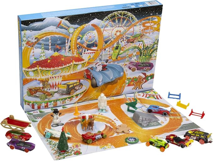 Hot Wheels Toy Cars, 2022 Advent Calendar with 8 1:64 Scale Vehicles, 16 Holiday-Themed Accessori... | Amazon (US)
