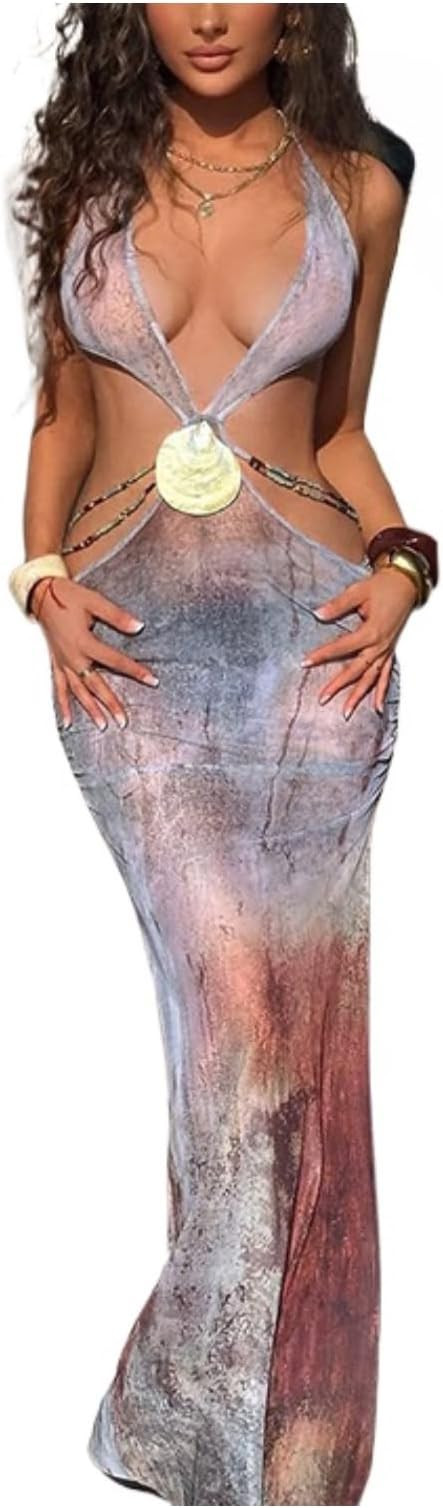 Women's Spaghetti Strap Backless Dress Halter Lace Up Hollow with Shell Trim Maxi Dress Nightclub... | Amazon (US)