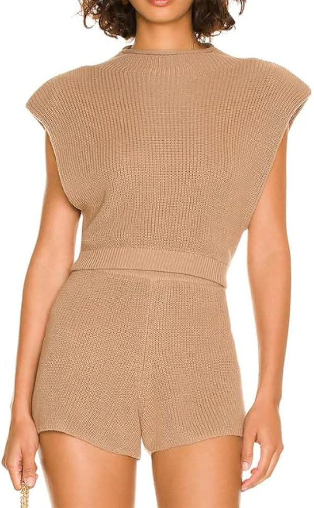 Women 2Pcs Knitted Outfits Set Spaghetti Strap Knitt Crop Tops+High Waist Shorts Set Casual Tracksui | Amazon (US)