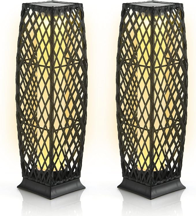 Tangkula 2 Pieces Outdoor Solar Powered Floor Lamps, IP65 Waterproof Wicker Floor Lamps with Auto... | Amazon (US)