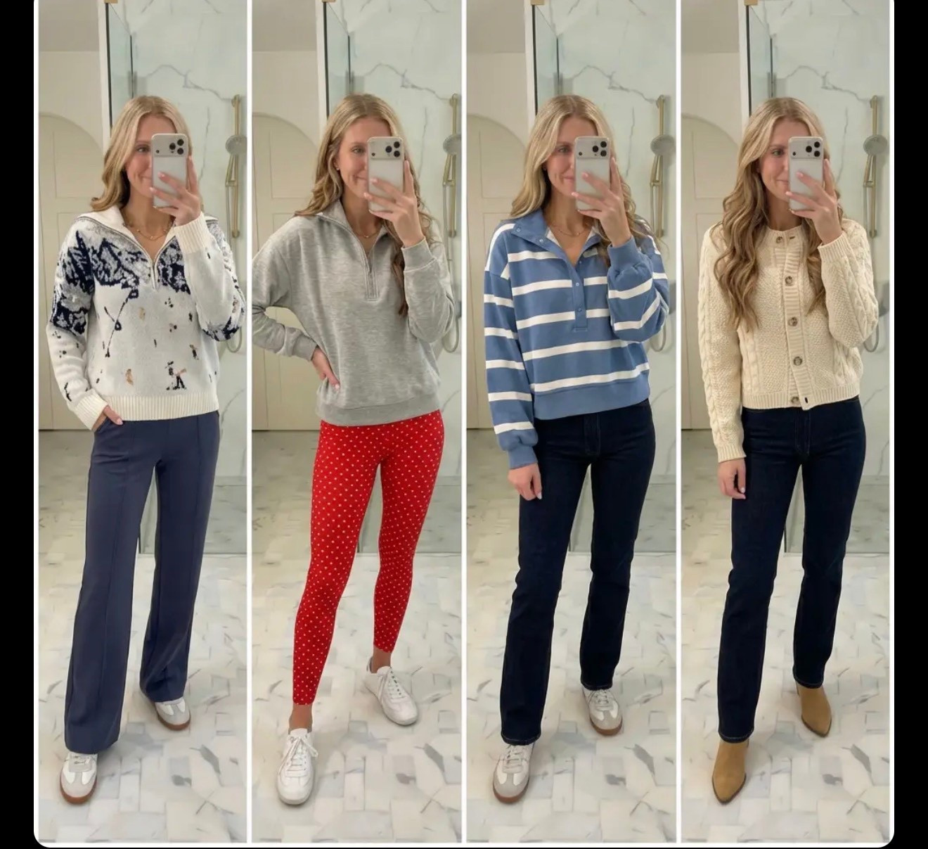 
A soft, cozy Valentine’s Day fashion scene featuring a woman taking a mirror selfie in a bright, modern bathroom with white marble floors and a glass shower. She wears four different heart-pattern sweaters in shades of blush pink, baby pink, red, and white, styled casually with dark denim jeans, navy trousers, red polka-dot leggings, and neutral sneakers or ankle boots. The sweaters vary in heart designs—knit hearts, fuzzy hearts, sequin hearts, and printed hearts—creating a playful yet chic romantic aesthetic. Natural lighting, relaxed pose, effortless hair, and a clean neutral background give the image a warm, Pinterest-worthy, cozy Valentine vibe with soft textures and feminine charm.

⸻

HASHTAGS

#ValentinesOutfit
#HeartSweater
#ValentinesDayStyle
#CozyChic
#PinkAesthetic
#ValentineVibes
#CasualValentines
#EverydayRomance
#PinterestFashion
#CozyOutfits
#LoveCore
#SoftGirlStyle
#WinterOutfits
#ValentineLook
#HeartPrint
#ChicComfort
#FashionInspo
#NeutralAesthetic
#RomanticStyle
#EverydayStyle

#LTKootd #LTKdayinmylife #LTKgrwm