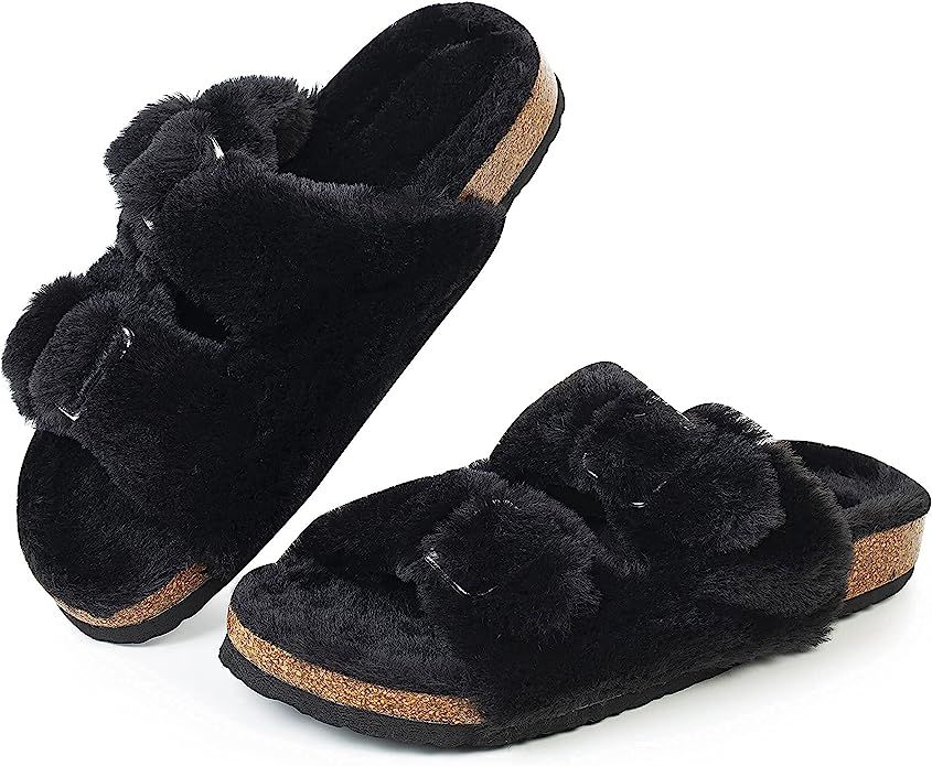 Amazon.com | FITORY Womens Open Toe Slipper with Cozy Lining,Faux Rabbit Fur Cork Slide Sandals B... | Amazon (US)