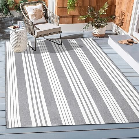 BUAGETUP Grey and White Outdoor Rug 3'x 5' Hand-Woven Cotton Washable Rug Striped Front Porch Rug... | Amazon (US)