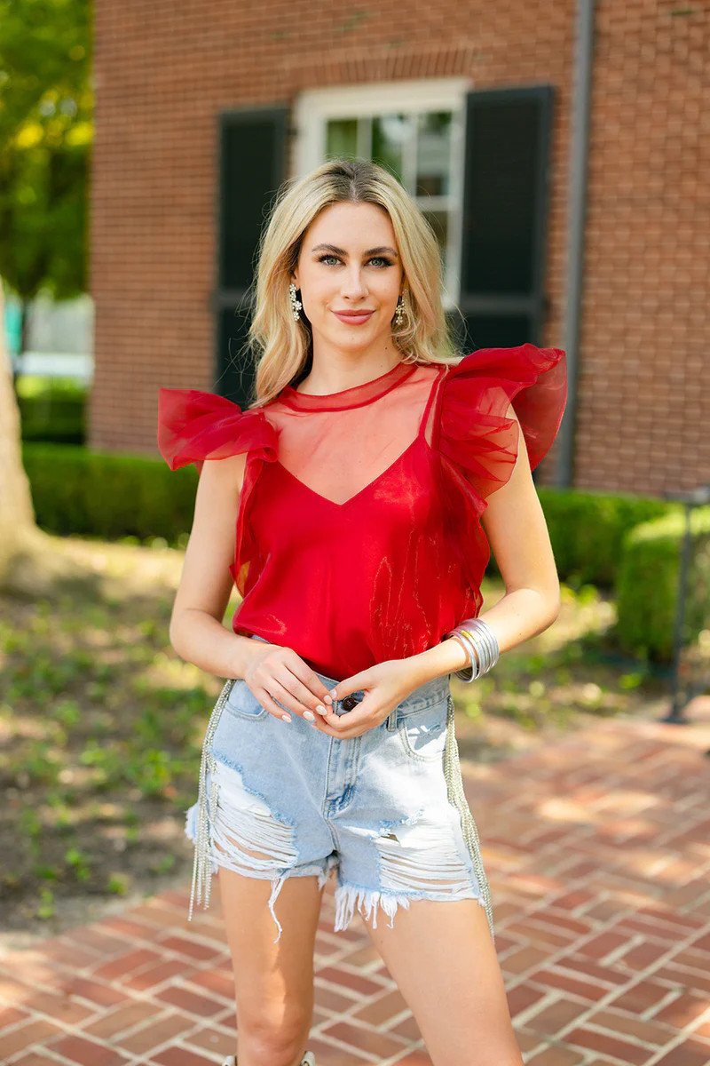 BuddyLove | Kaycee Organza Ruffle Sleeve Top | Red | BuddyLove