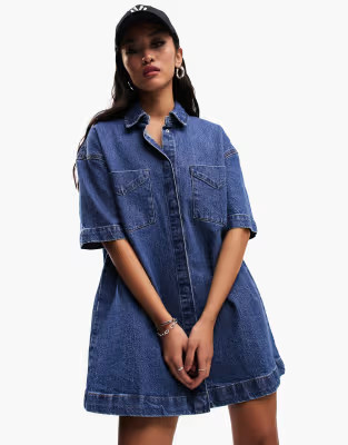 ASOS DESIGN short sleeve denim shirt dress in mid blue | ASOS (Global)