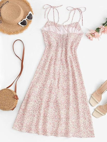 Women's Spaghetti Sleeveless Tie Shoulder Floral Print Strappy Sundress Casual Midi Dress | Amazon (US)