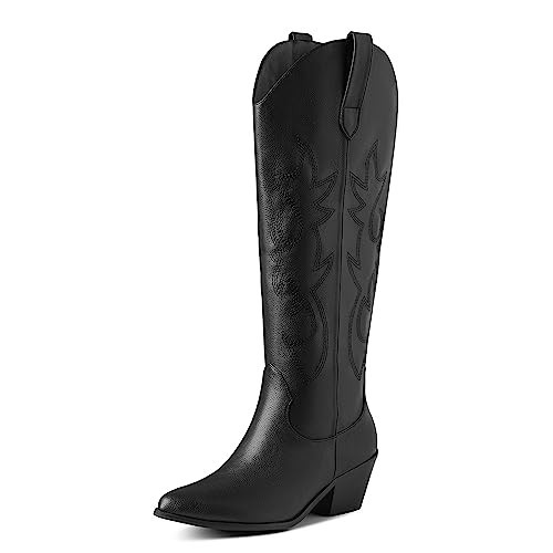 MeiLuSi Black Boots for Wmen, Knee High Cowgirl Boots, Women's Cowboy Boots Embroidered Fashion Pull on Tall Western Boot Black size 8 | Amazon (US)