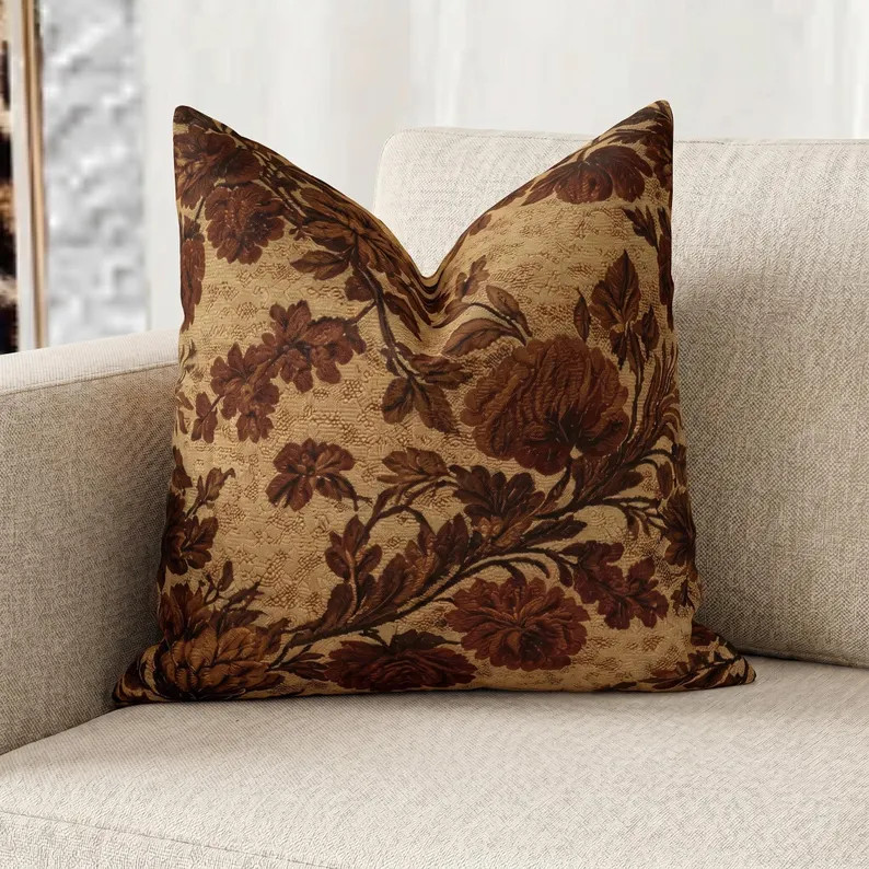 Brown Baroque Botanical Pillowcase, Neutral Floral Throw Pillowcase | Etsy (Global)