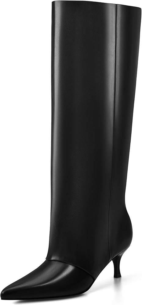 MIRAAZZURRA Black Knee High Boots for Women Slouchy Fold Over Boots Wide Calf Kitten Heel Pointed... | Amazon (US)