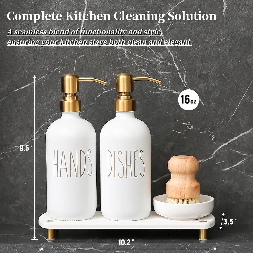 MOMEEMO Gold Soap Dispenser Set Comes with Stainless Steel Pumps, Instant Dry Tray, and Dish Scru... | Amazon (US)