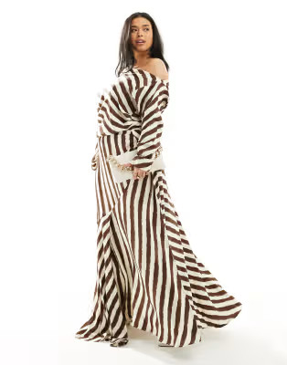 ASOS EDITION Curve fallen shoulder midi dress in chocolate stripe | ASOS (Global)