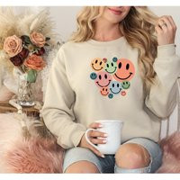 Smiley Sweatshirt, Retro Smiley Face Grunge Faces, Oversized Sweater, Good Vibes | Etsy (US)