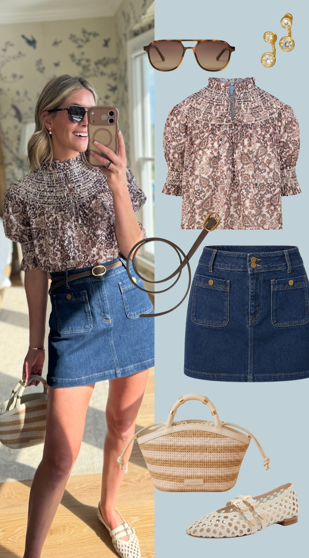 such a good early fall outfit. i love the mix of the feminine printed top with the denim mini, and the brown belt + tortoise sunglasses pull in just enough warmth for the season. finished it with woven flats + a neutral bag to keep it easy for daytime. one of those looks that works for lunch, errands, or a casual date and still feels a little special.

wearing a size xs top, 4 skirt (could have done a 2)  

 #LTKootd #LTKSeasonal