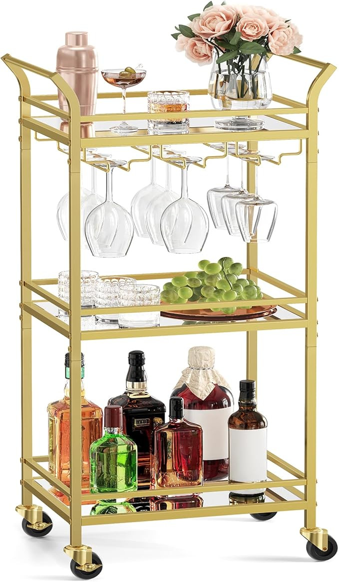 VASAGLE Bar Cart, Home Bar Serving Cart, Small Bar Serving Cart with 3-Tier Shelf, Wine Holders, ... | Amazon (US)