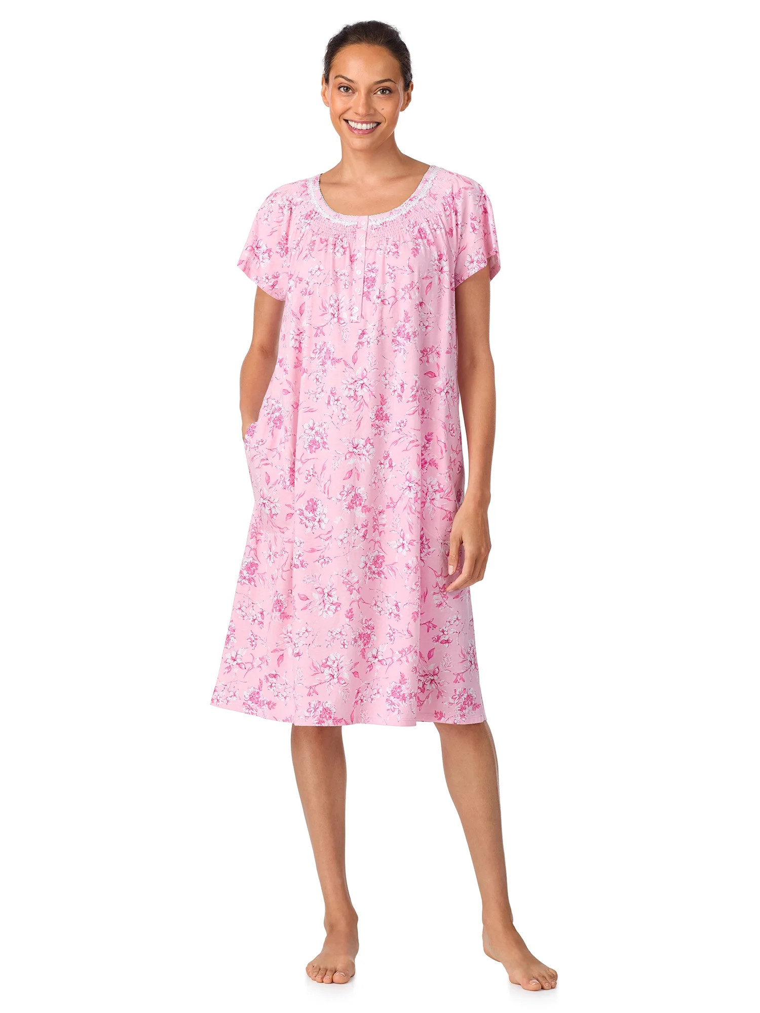 Aria Women's 100% Cotton Raglan Sleeve Smocked Neck 40" Sleepwear Gown, Sizes XS-5X | Walmart (US)
