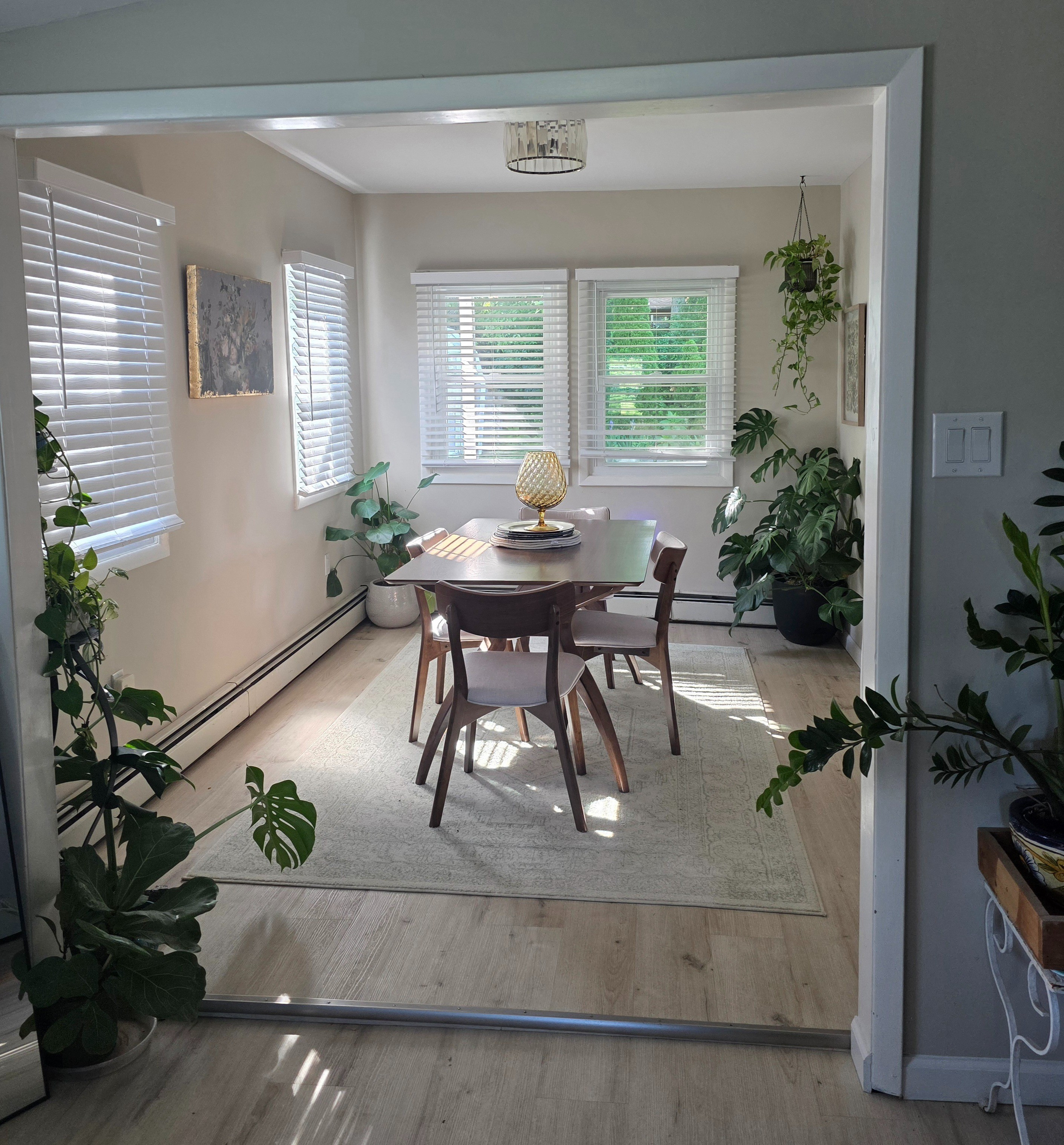 It's time for a new room! 🥁🥁🥁 Please enter the dining room with me 😊 I love that it gets flooded with light, within sight and sound of the living room and kitchen, while being its own space.   not quite finished, but it is getting there! I got a smaller table since it's just the three of us.  My favorite part of this table is the sexy legs 😍 The rug has pretty green details on it you can't see in this photo but you can ⬇️🤣 There is a space on the wall that you can't see that needs something a sever or a cabinet, I am not sure yet but I will know when I find it! Obviously more plants 🪴 The biggest monstera is named Louie and he was gifted to me as a rescue from my cousin.. He should have his own post.. We love him  💕 No one has a clue how many total plants yet lol well either do I 😆🔗⬇️#affiliatemarketing #affiliate #WayfairFinds

#LTKdayinmylife #LTKHome #LTKOver40