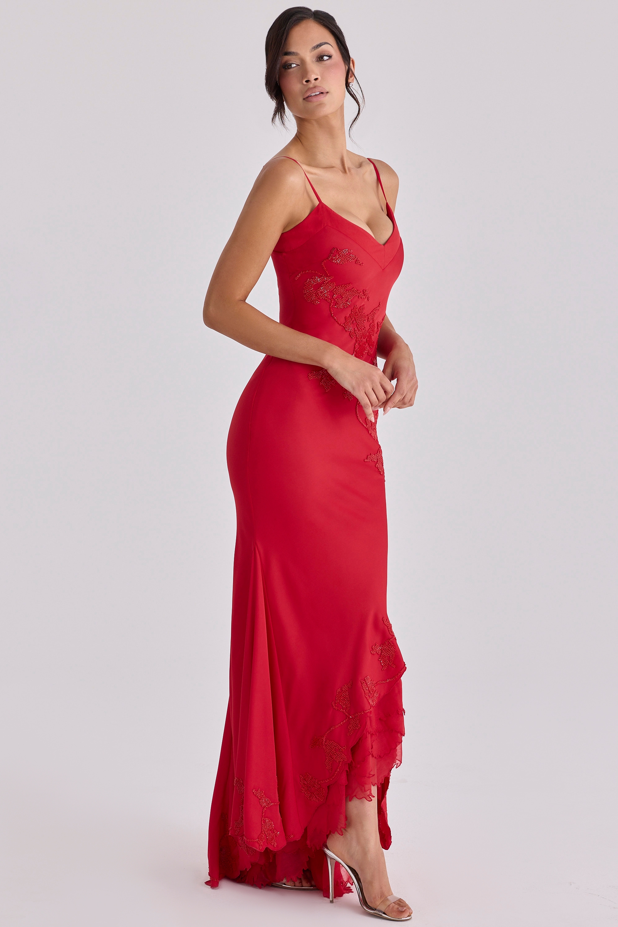 red hand beaded embellished satin maxi dress - limited edition | House of CB