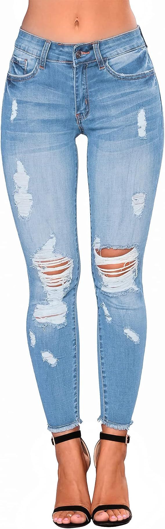 YPKAM High Waist Skinny Stretch Ripped Jeans for Women, Destroyed Denim Cropped Pants. | Amazon (US)