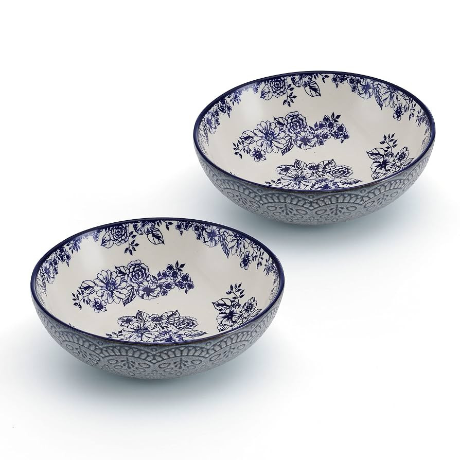 Pfaltzgraff Gabriela Blue Floral Set of 2 Pasta Bowls, 8 Inch, Blue and White | Amazon (US)