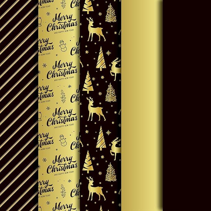 Amazon.com: Whaline Christmas Tissue Paper Black Gold Wrapping Paper Tree Reindeer Striped Gift W... | Amazon (US)