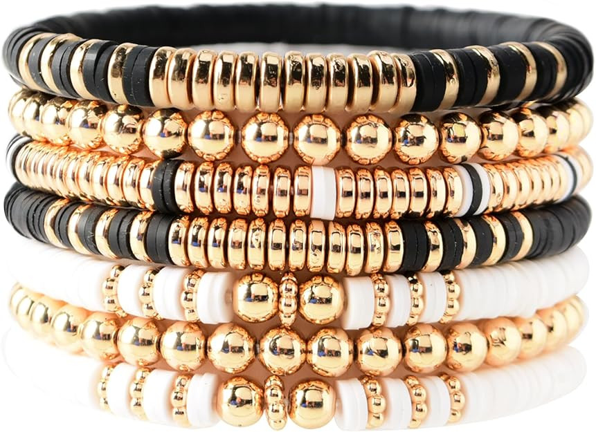 Surfer Heishi Clay Bead Bracelets for Women Bohemian Stackable Gold Beaded Stretch Bracelets Elas... | Amazon (US)
