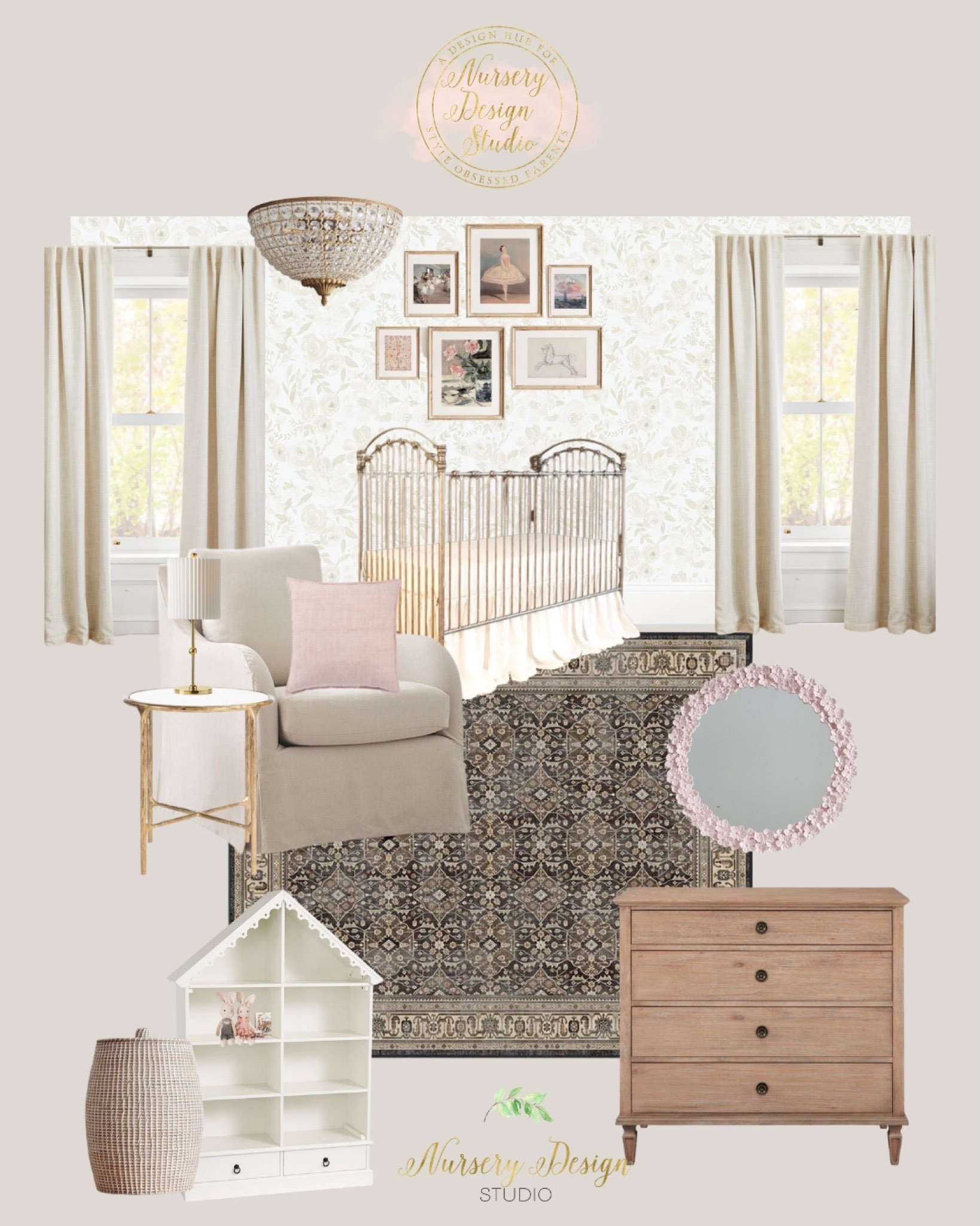Vintage inspired nursery, beige wallpaper, black rug, nursery dresser changing table 

#LTKbaby #LTKsalealert #LTKhome