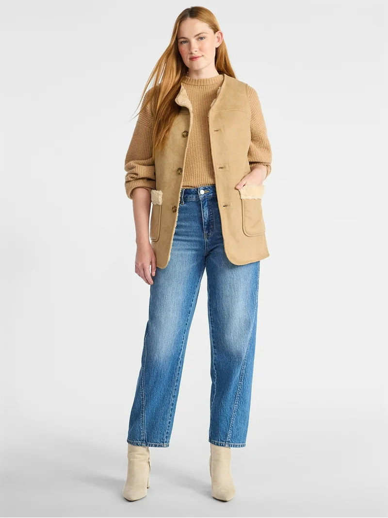 Time and Tru Women’s Faux Shearling Longline Vest, Lightweight, Sizes XS-XXXL | Walmart (US)