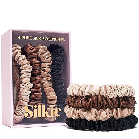 SILKIE x4 Set - Forget Satin - 100% Pure Mulberry Silk Black Brown Skinny Scrunchies Travel Pouch... | Amazon (US)