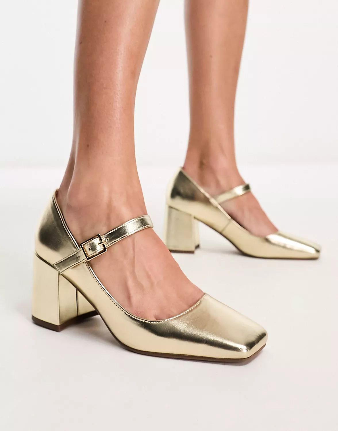 ASOS DESIGN Selene mary jane mid heeled shoes in gold | ASOS (Global)