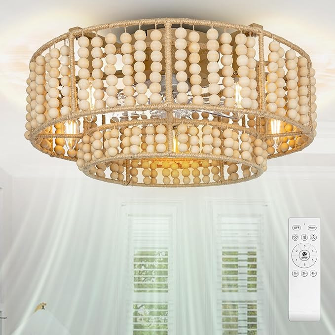 Frstem Boho Wood Beaded Layered Fandelier, 20" 6-Speed Flush Mount Ceiling Fan Chandelier with Li... | Amazon (US)