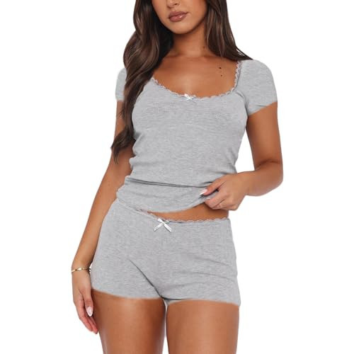 Women's 2 Piece Lounge Set Scoop Neck Lace Trim Top and Shorts Two-Piece Summer Outfit Ladies Pajamas Sets (A-Gray, L) | Amazon (US)