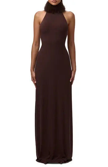Naked Wardrobe Halter Dress with Removable Faux Fur Collar in Dark Chocolate at Nordstrom Rack, Size Medium | Nordstrom Rack