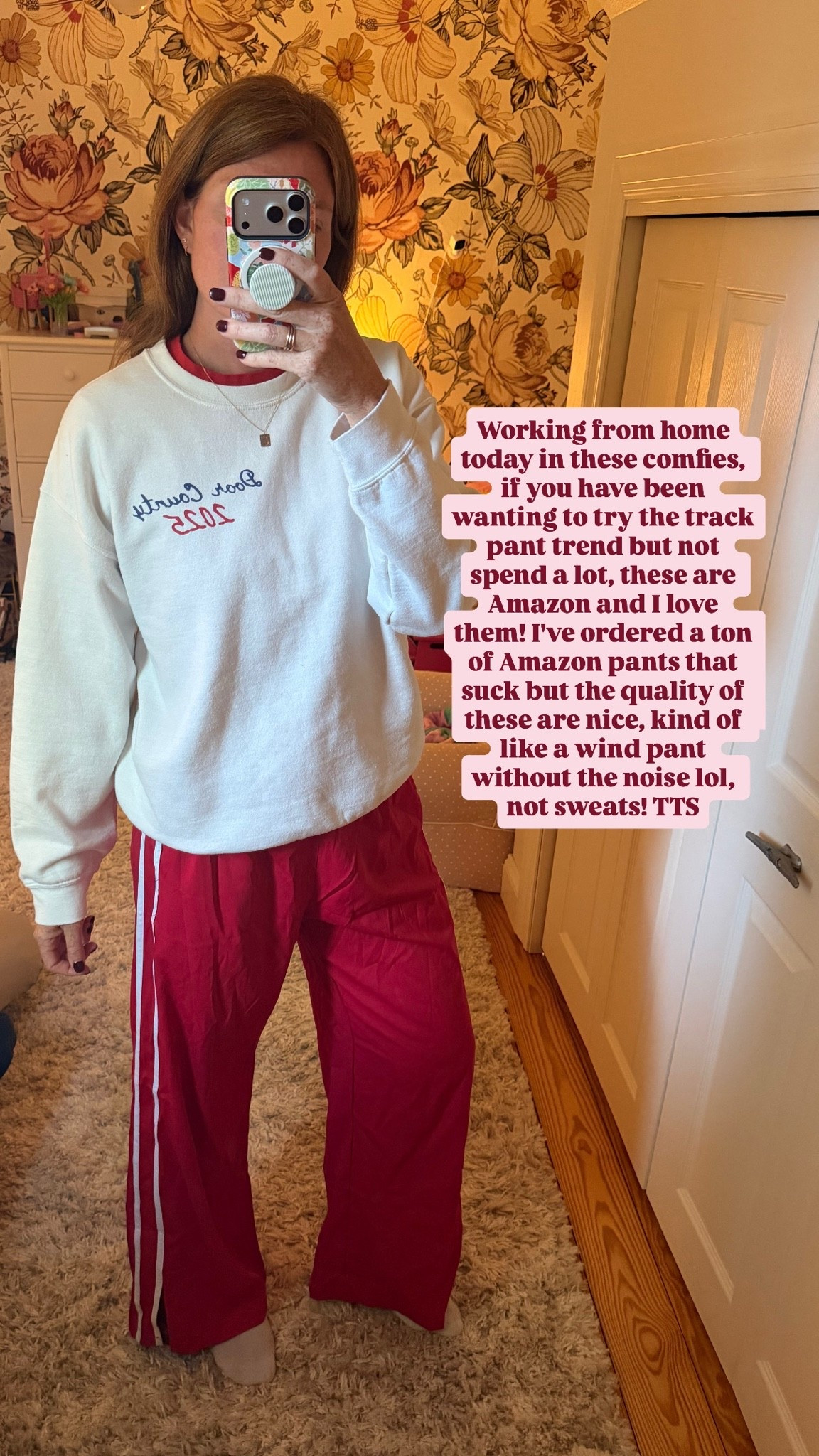 Working from home today in these comfies, if you have been wanting to try the track pant trend but not spend a lot, these are Amazon and I love them. I've ordered a ton of Amazon pants that suck but the quality of these are nice, kind of like a wind pant without the noise lol, not sweats. TTS