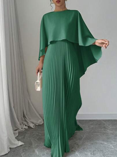 Elenzga Elegant Solid Color Pleated Dress, Spring Autumn Maxi Women Outfit | SHEIN