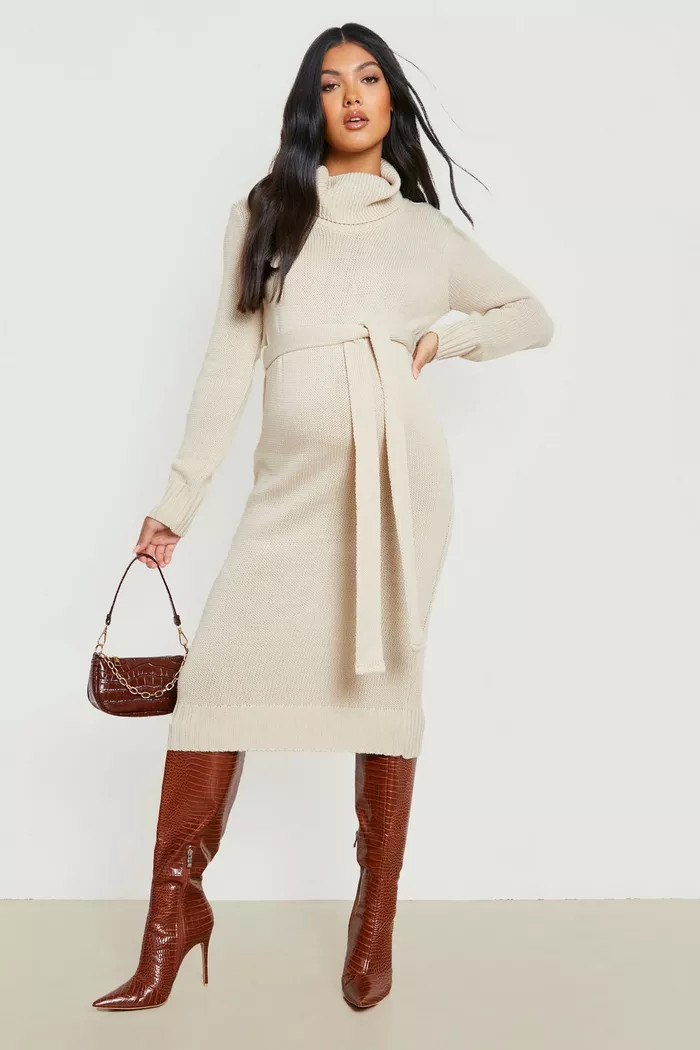 Maternity Cowl Neck Sweater Midi Dress | boohoo (US & Canada)
