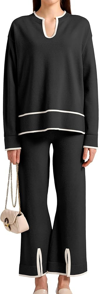 SuperPrity Women Sweater Sets 2 Piece Outfits Notch Neck Long Sleeve Knit Pullover Tops Wide Leg ... | Amazon (US)
