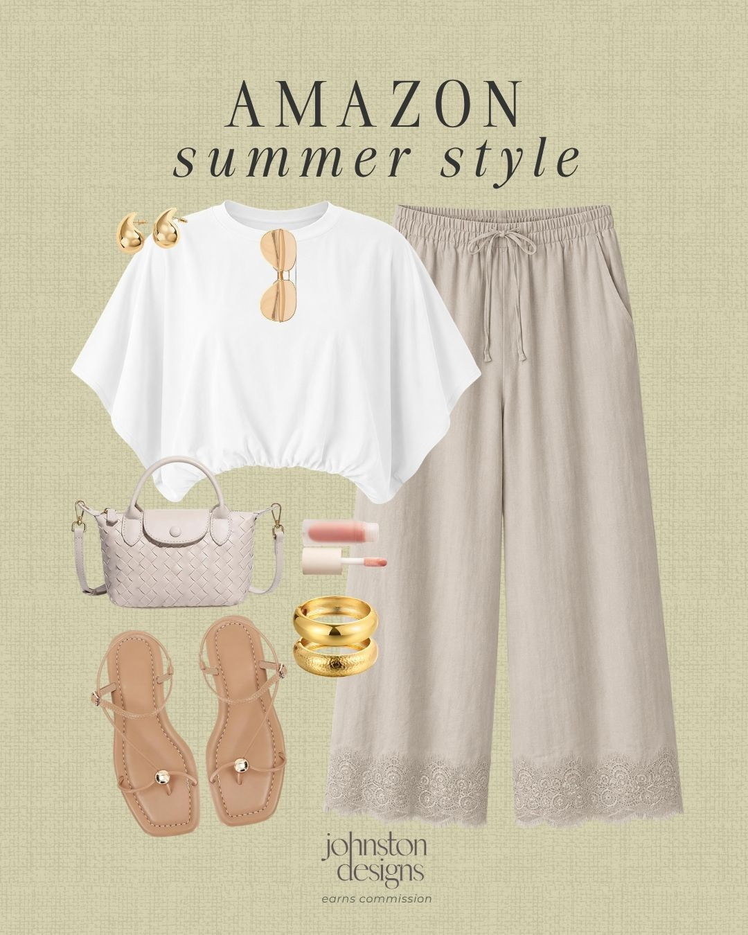 Amazon summer style 🤍 Such a cute neutral outfit idea for warm weather  vacation, brunch or casual weekend plans. Love the flowy top paired with linen pants and gold accessories for an elevated summer look!

Amazon outfit, Amazon fashion, summer outfit, summer style, neutral outfit, linen pants, white top, vacation outfit, brunch outfit, casual outfit, warm weather outfit, Amazon style finds, gold jewelry, woven bag, summer sandals, neutral accessories, affordable fashion, everyday outfit, resort style, coastal style 

 #LTKootd
