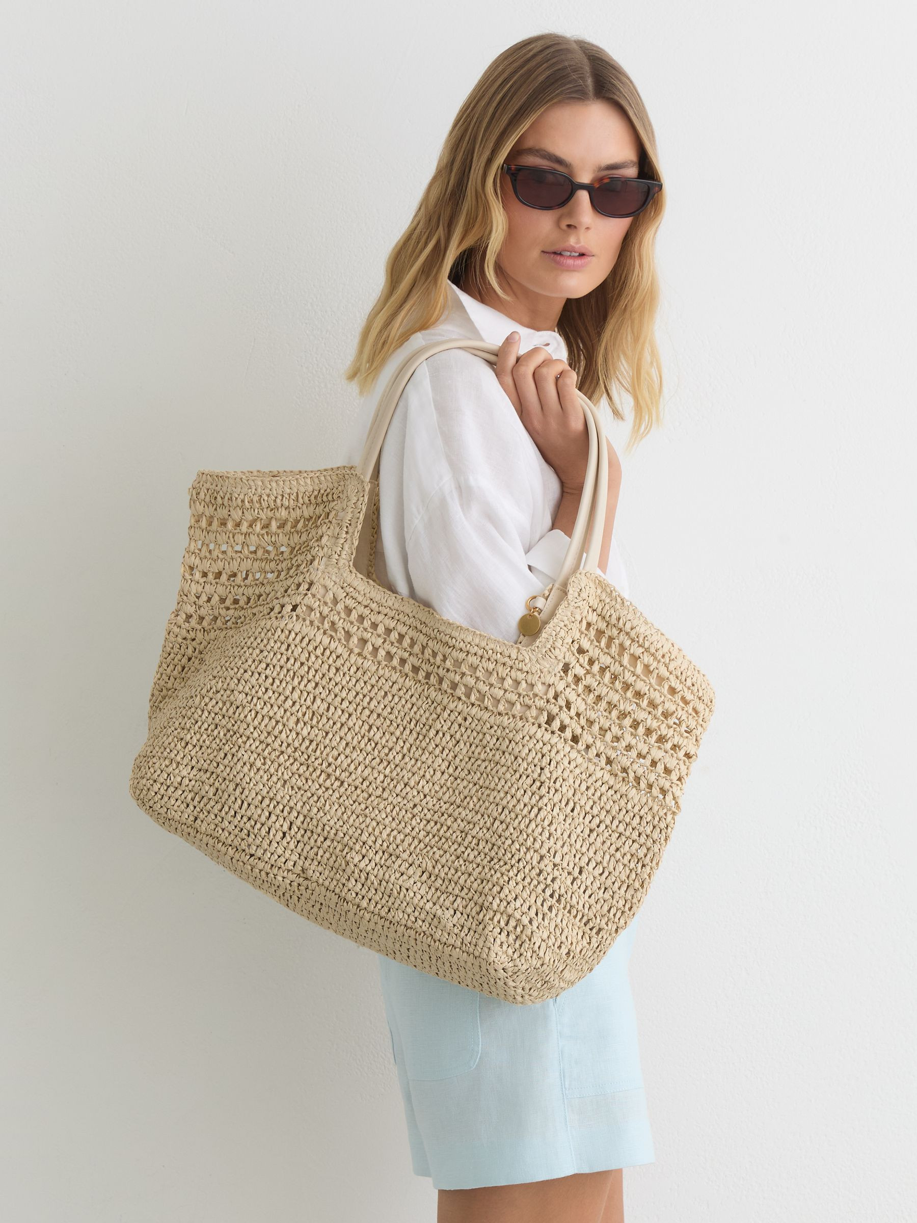 Reiss Raffia-Effect Cut-Out Tote Bag in Natural - REISS | Reiss UK