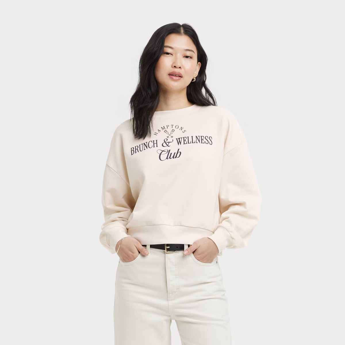Women's Brunch and Wellness Cropped Fleece Graphic Sweatshirt - Beige | Target