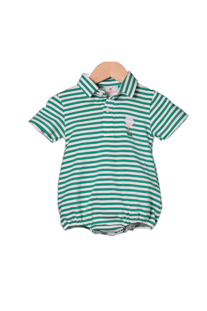 Embroidered Golf Green Stripe Polo Bubble | The Smocked Flamingo