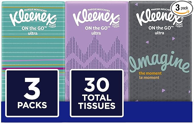 Kleenex On-The-Go Packs Facial Tissues, Travel Size, 3 Pack, 10 Tissues per Pack (30 Total Tissue... | Amazon (US)