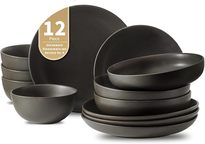 Dinnerware Sets, Stoneware Plates and Bowls Sets, Farmhouse 12 Piece Dish Set for 4, Ceramic Plat... | Amazon (US)