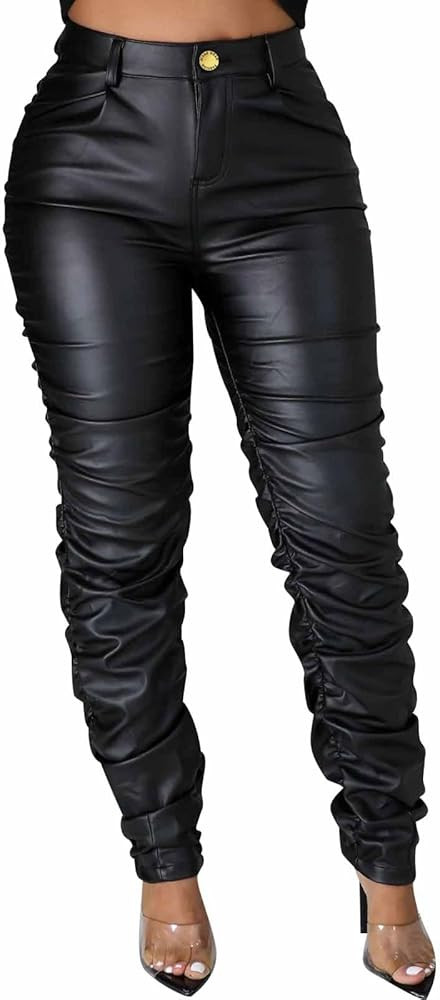 Zebaexf Women's Stretchy Faux Leather Leggings Pants,High Waist Stacked Pants for Women | Amazon (US)