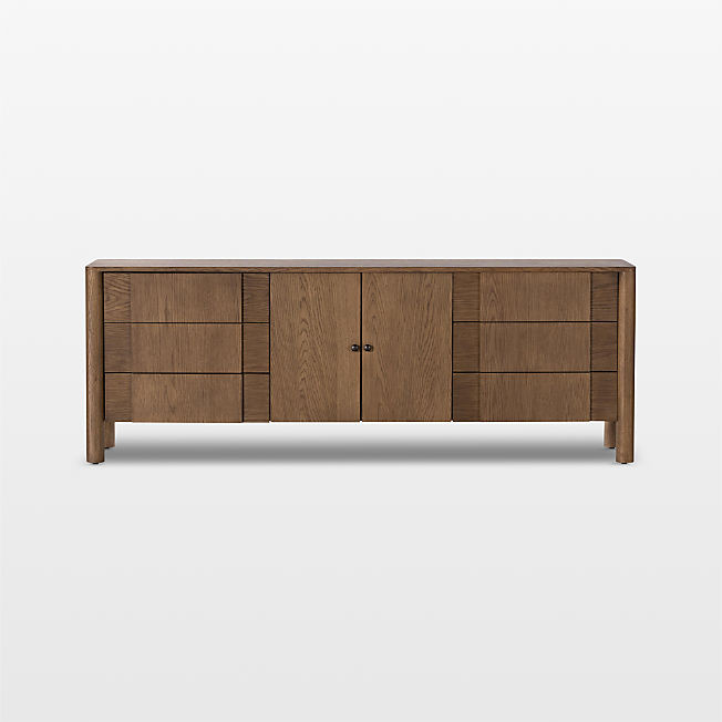 Pollard 78" Tan Oak Wood Storage Media Console | Crate & Barrel | Crate & Barrel
